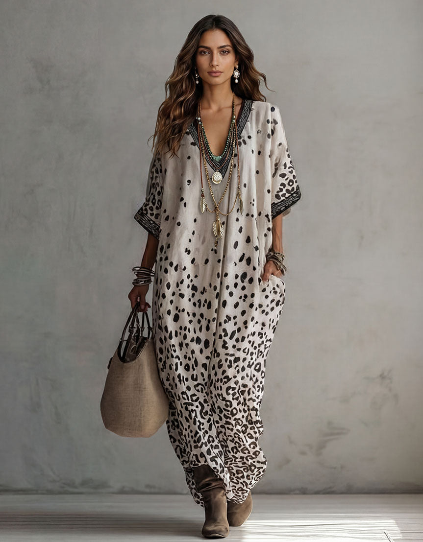 Bohemian Leopard Print V-Neck Batwing Sleeve Maxi Dress