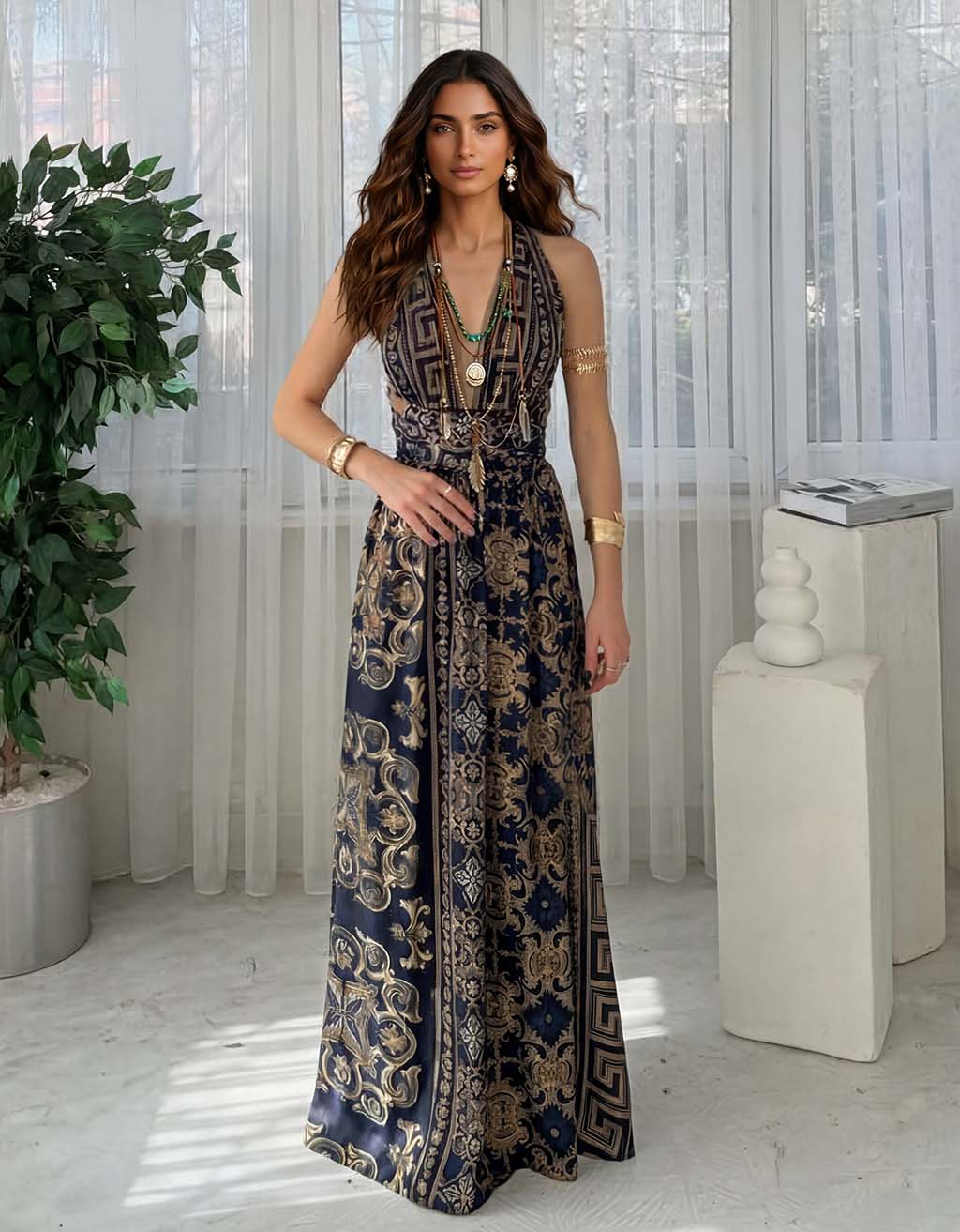Elegant Deep V-neck Bohemian Print Maxi Dress
