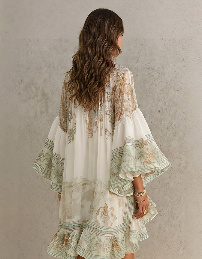 Elegant Vintage Print Ruffle Flare Sleeve Mini Dress