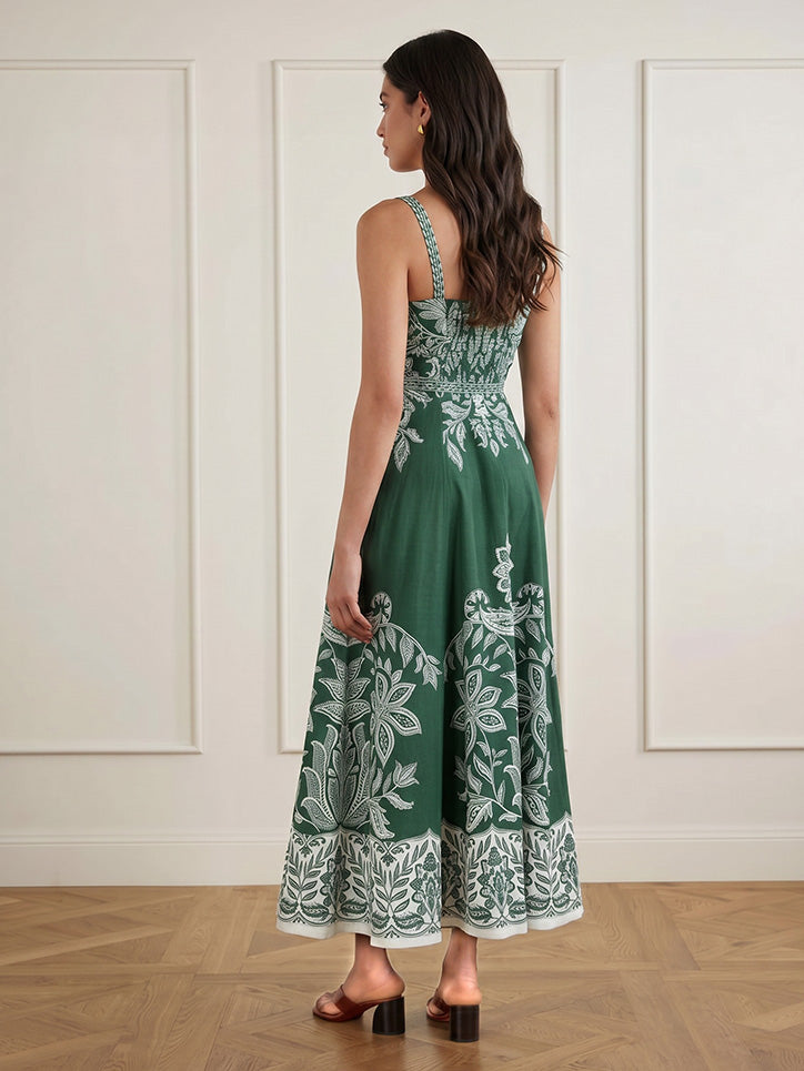 Elegant Printed Buckle Strap Waist Belt Maxi Dress