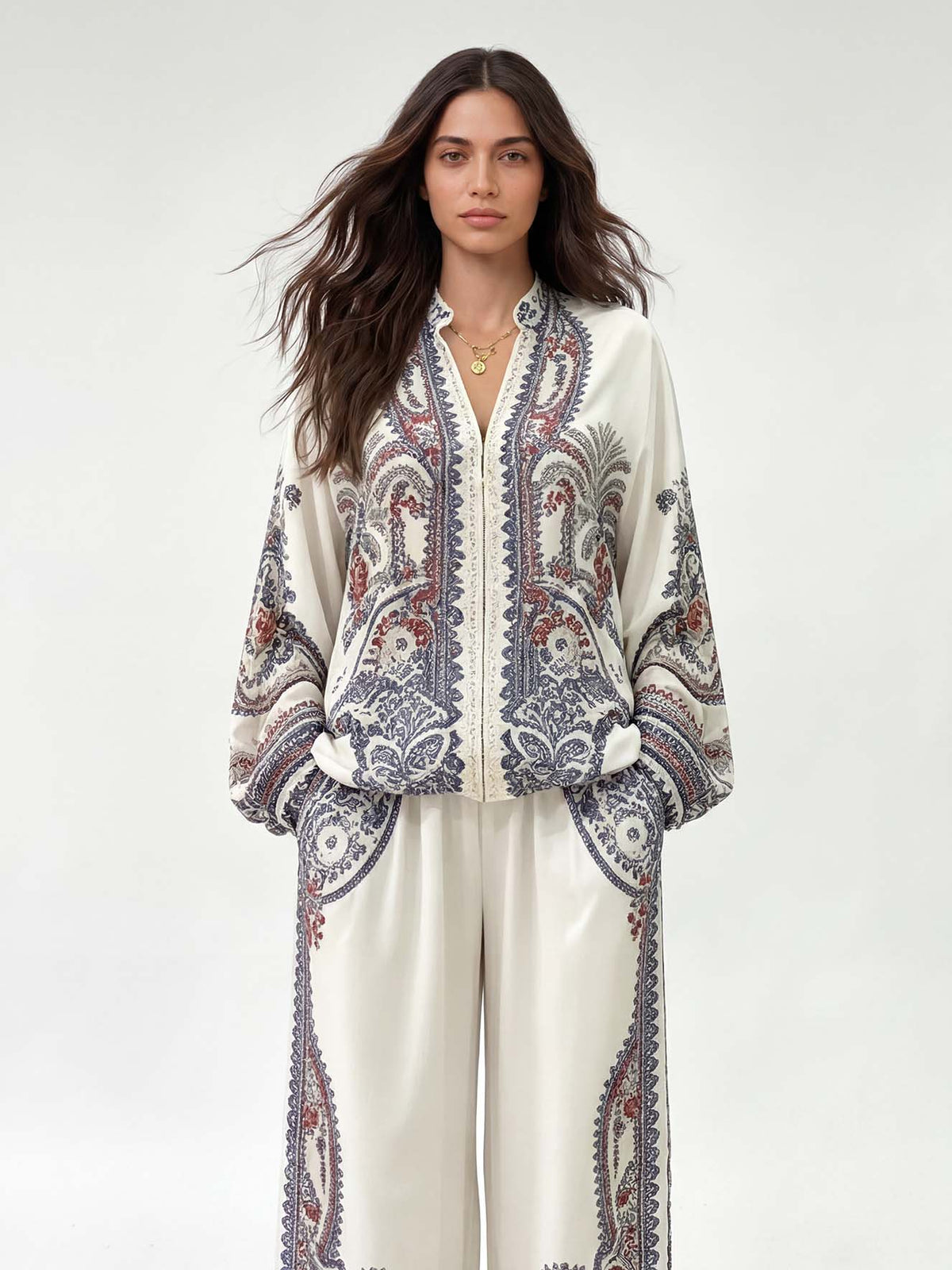 Elegant Paisley Print Zip-Up Shirt & Wide Leg Pants Set