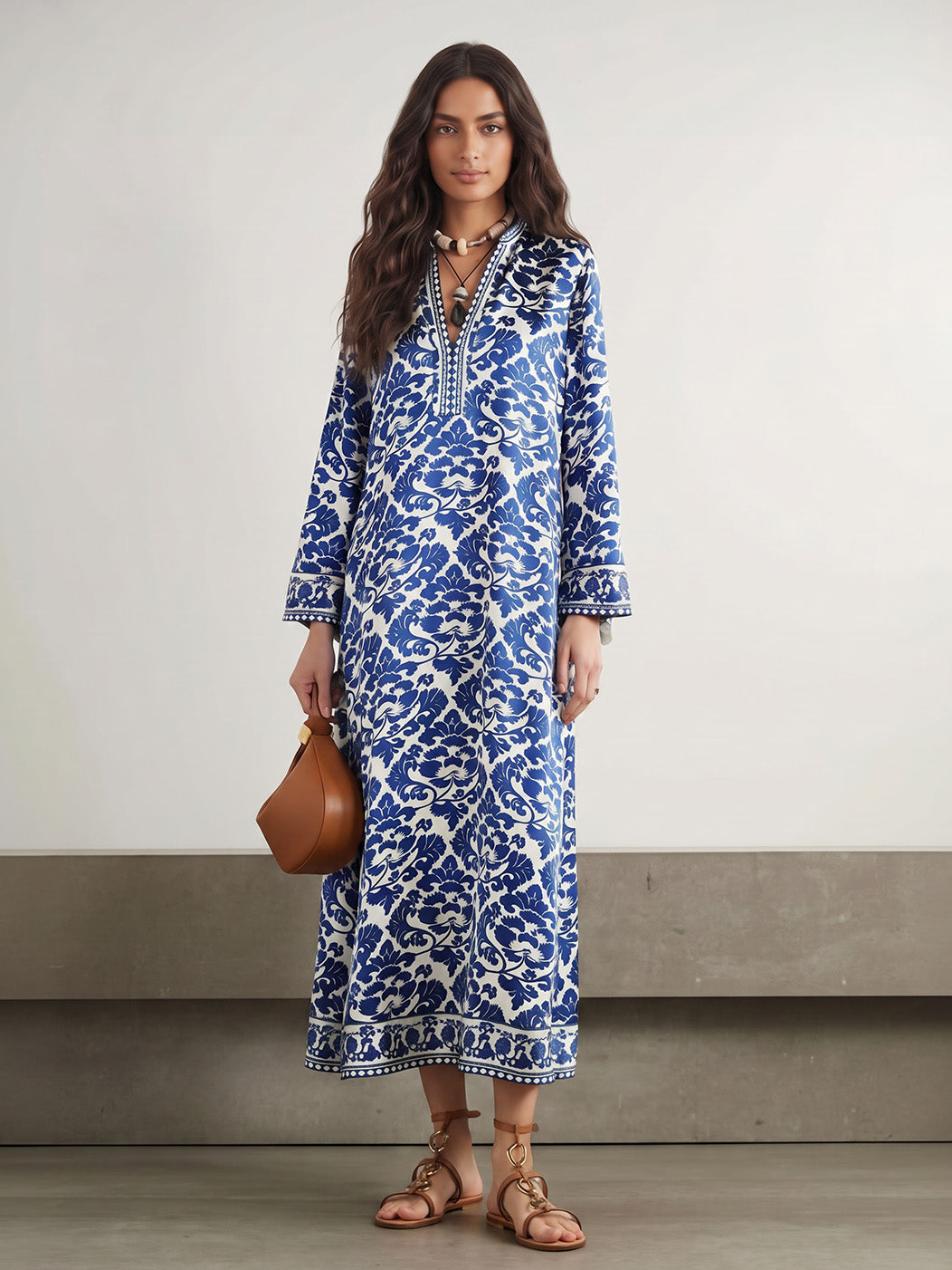 Exquisite Baroque Satin Print Long Sleeve Midi Dress