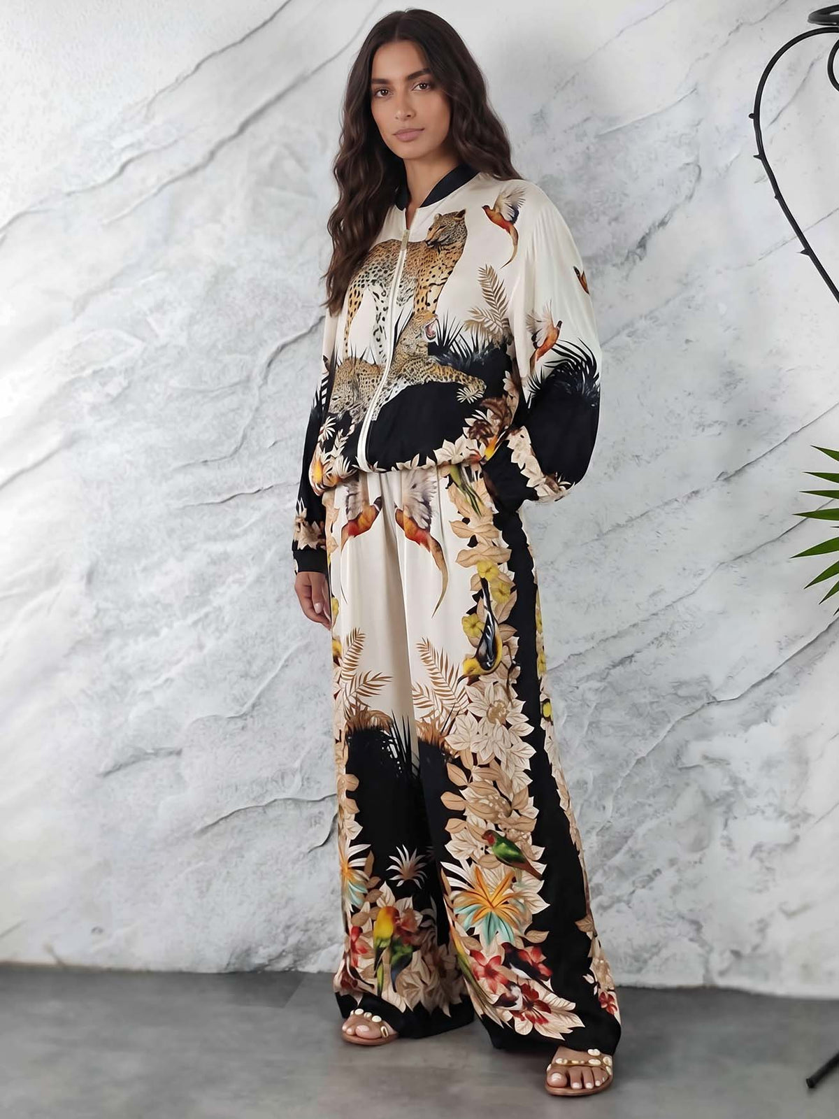 Exotic Jungle Print Zip-Up Long Sleeve Shirt