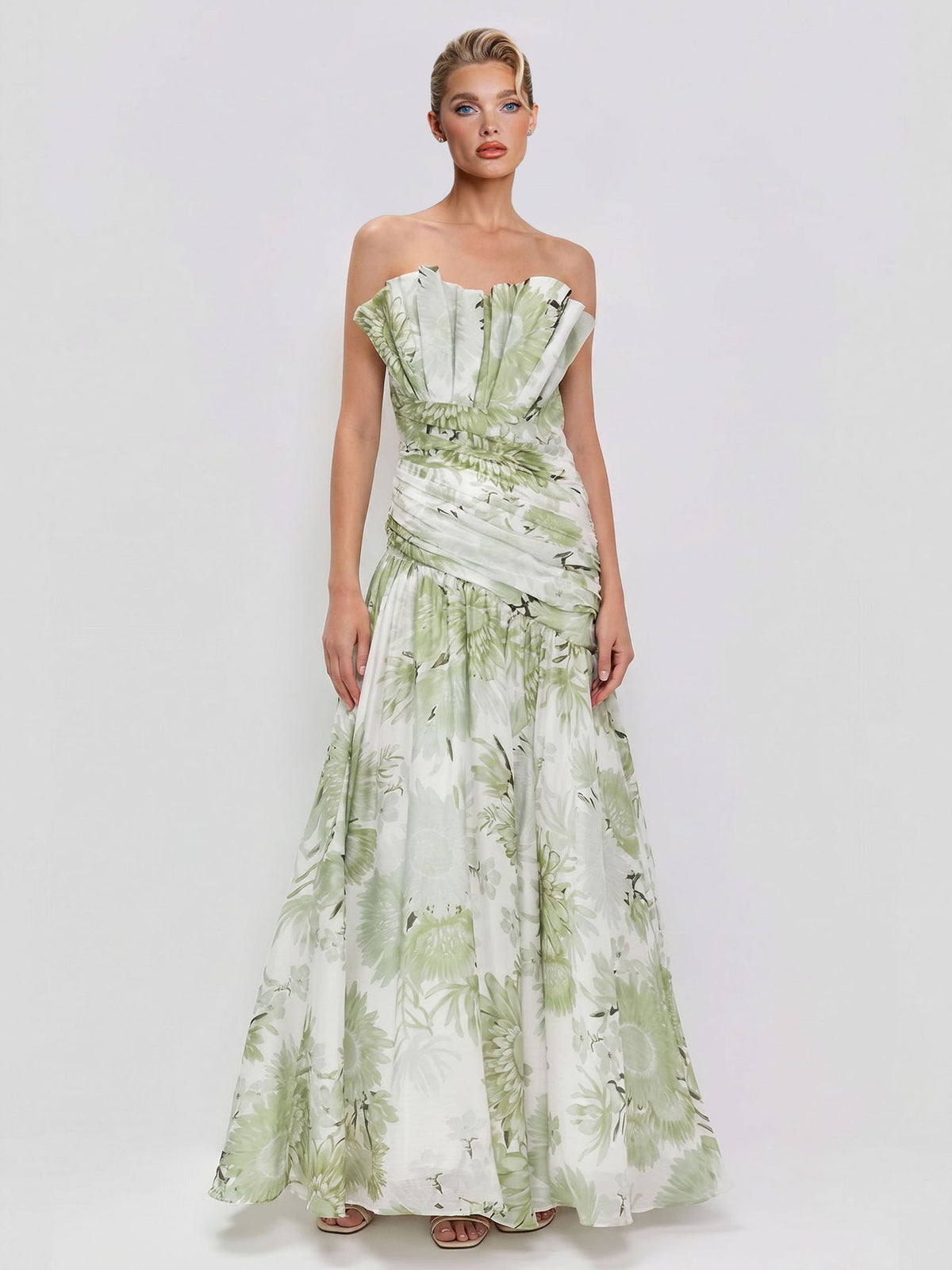 Elegant Floral Print Strapless Maxi Dress
