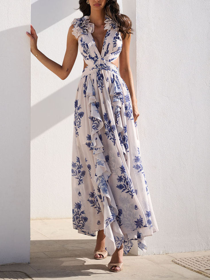 Elegant Floral Print Cut-Out Maxi Dress