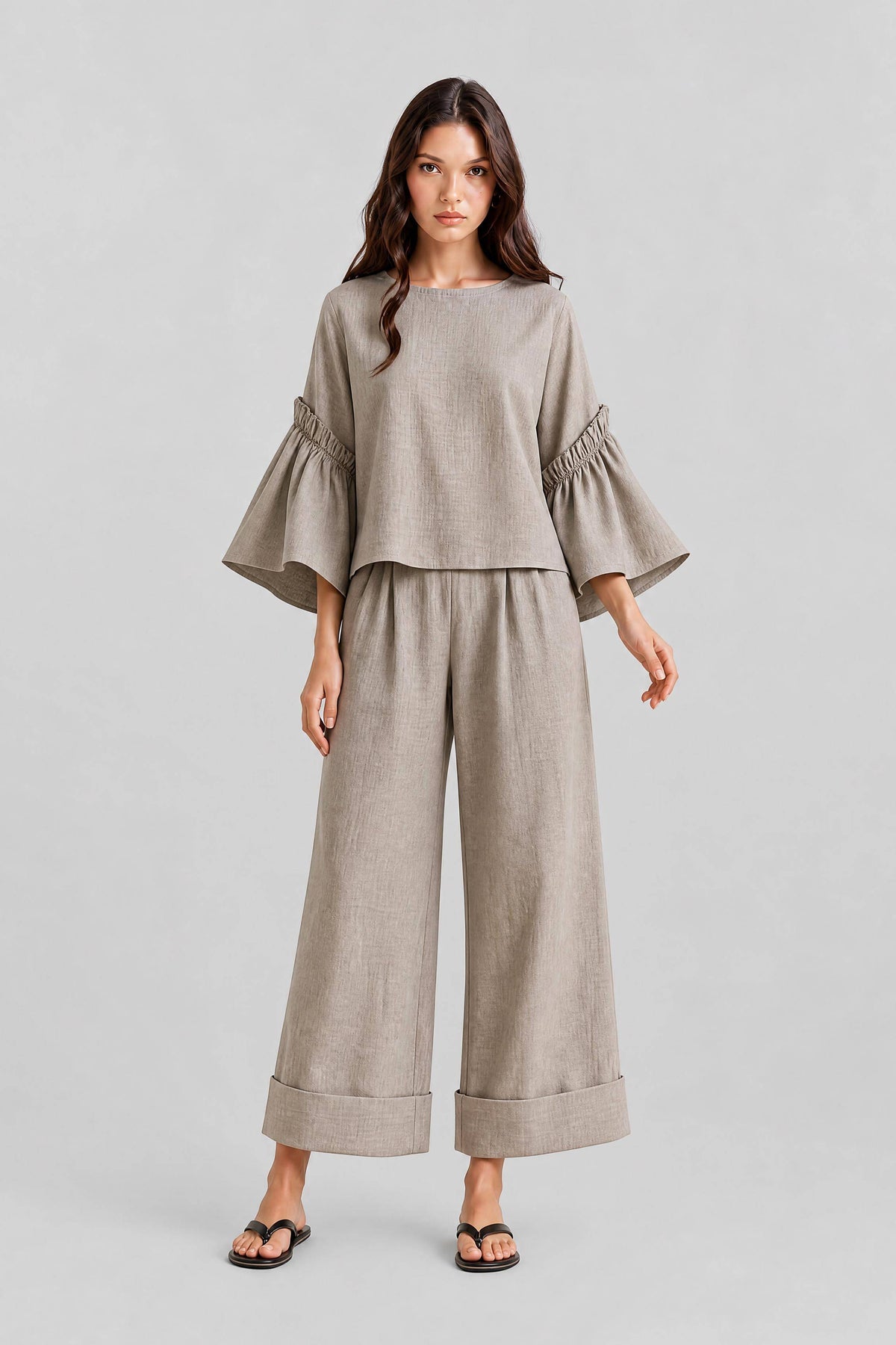 Holiday Casual Loose Bell Sleeve Top With Cropped Pants Set