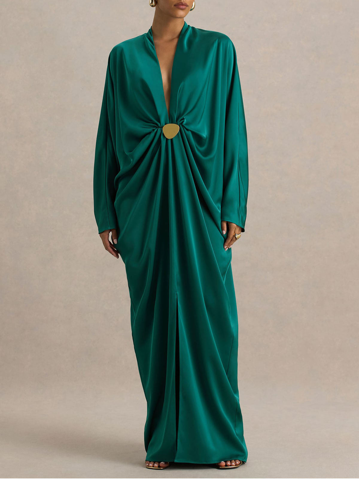 Elegant Satin Batwing Sleeve Draped Maxi Dress