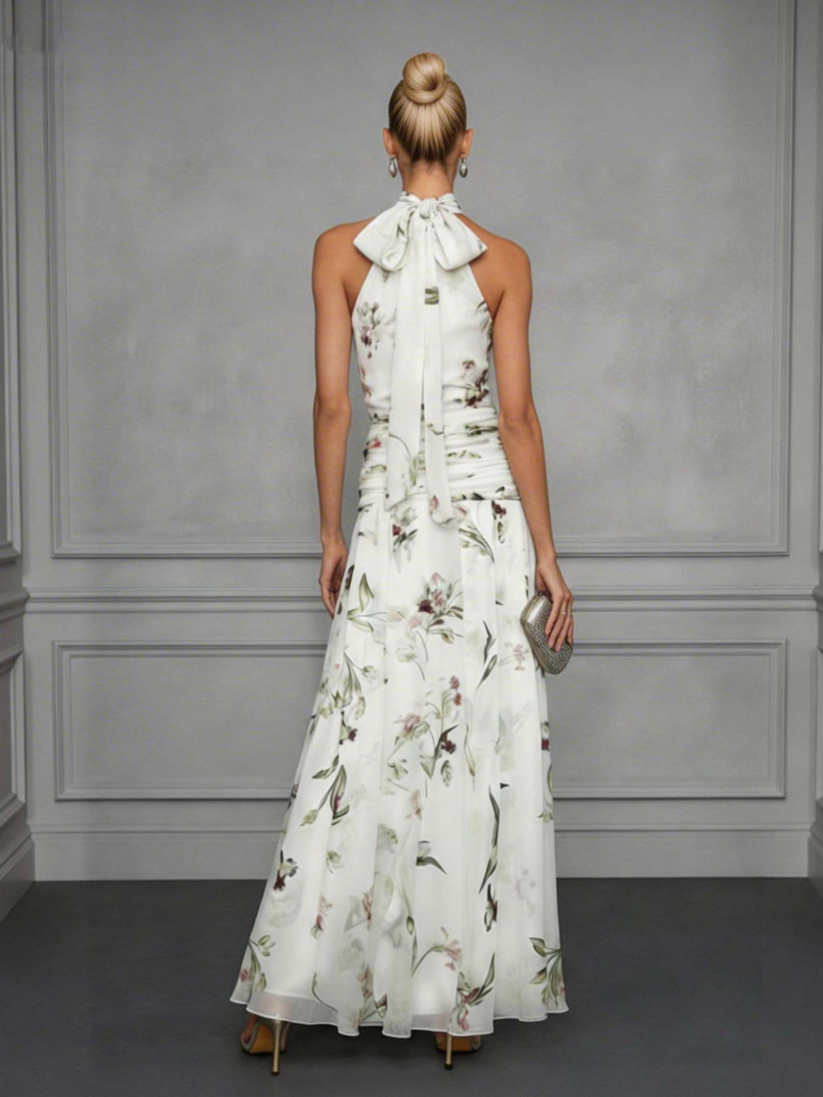 Elegant Ruffled Floral Chiffon Backless Maxi Dress
