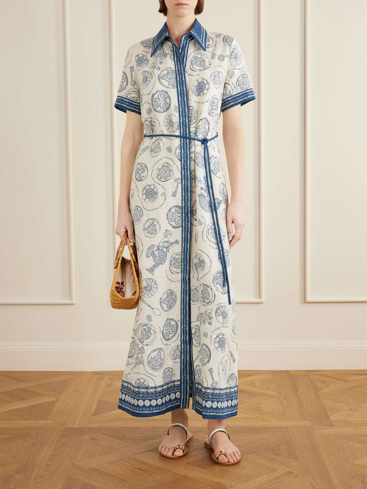 Casual Mediterranean Print Tie-Waist Collared Maxi Dress