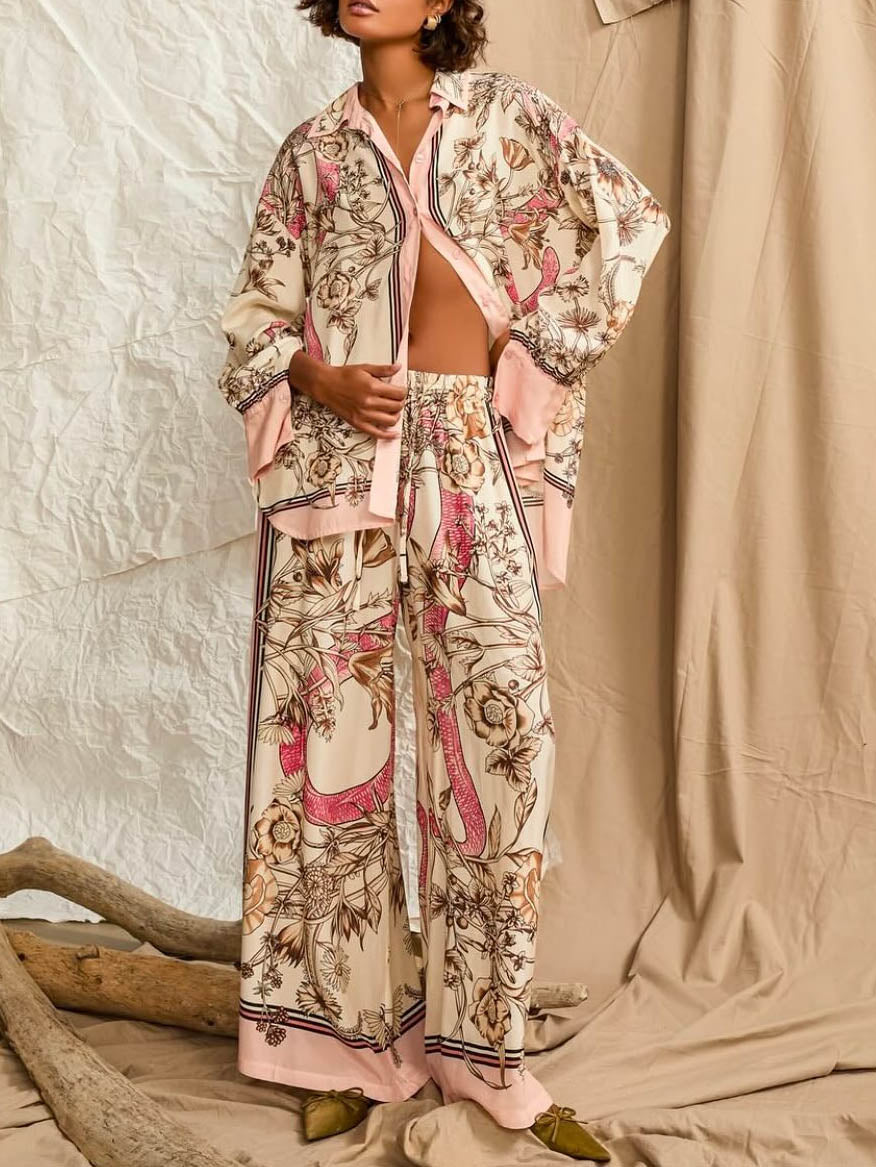 Elegant Floral Print Satin Shirt & Wide-Leg Pants Set