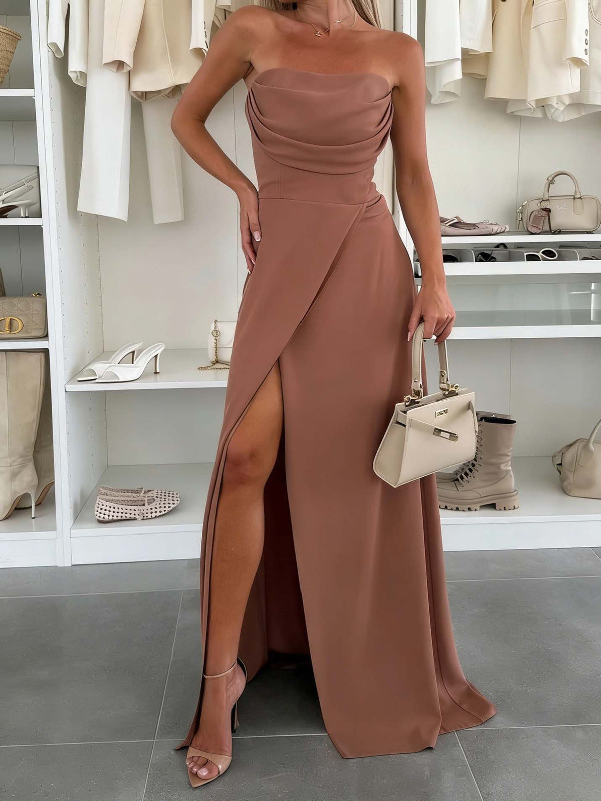 Elegant Strapless Draped Corset High Slit Maxi Dress