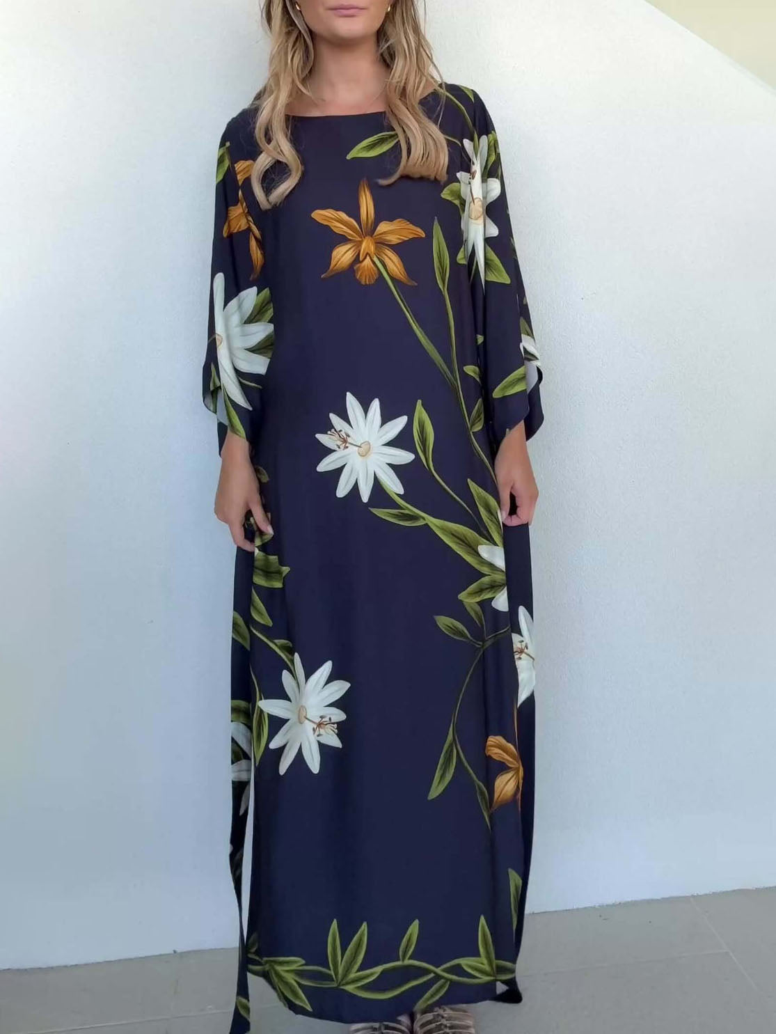 Elegant Floral Print One-Shoulder Tie-Waist Slit Midi Dress