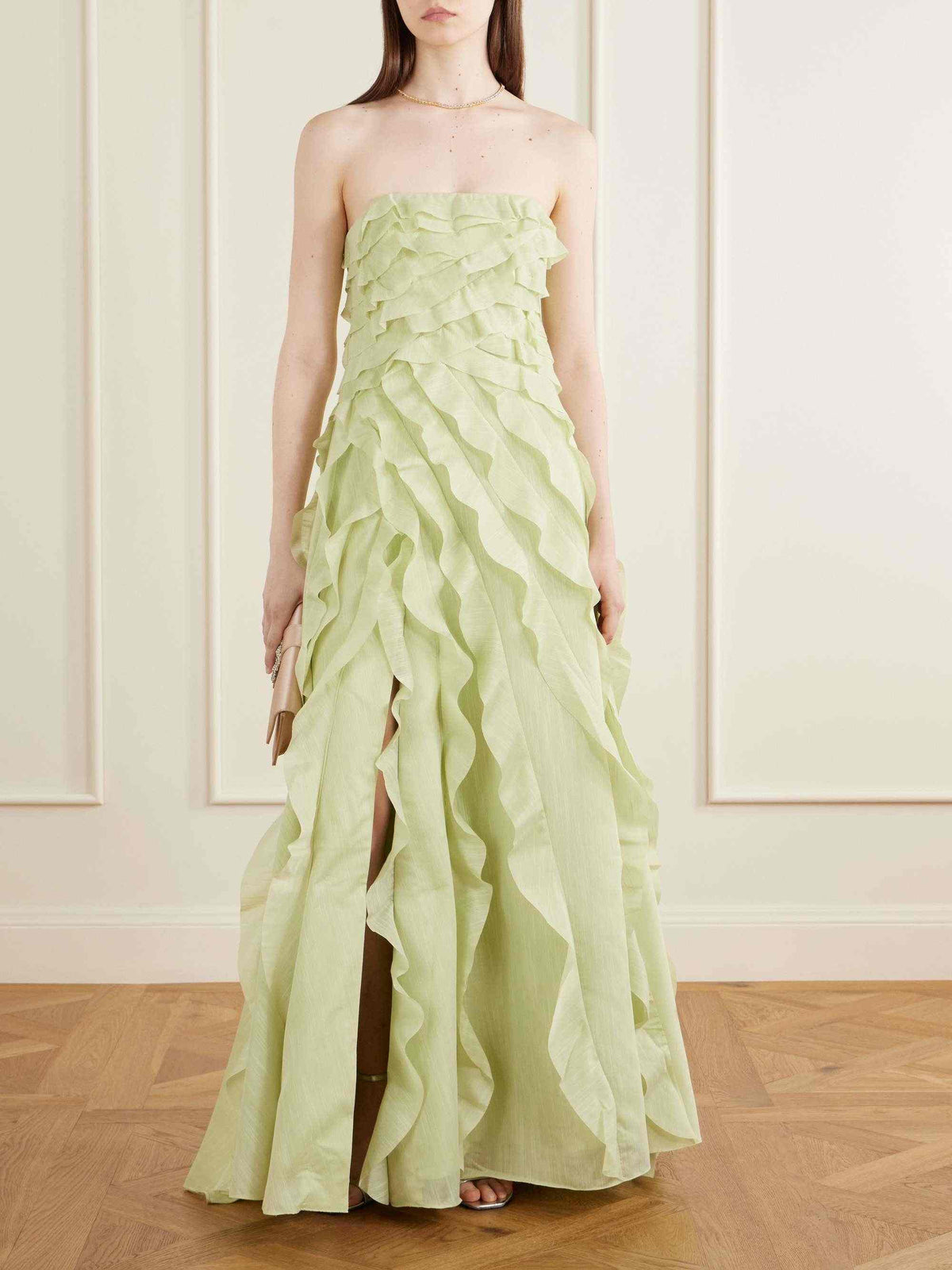 Cascading Ruffle Strapless High Slit Maxi Dress