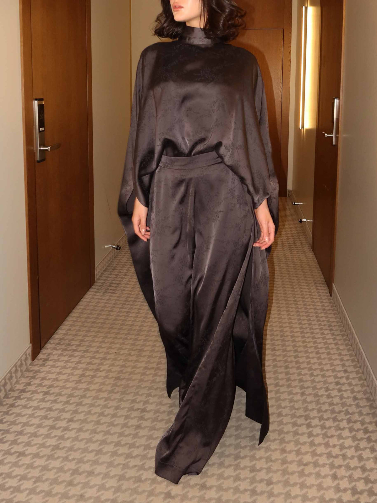 Elegant Satin Batwing Top & Draped Wide-Leg Pants Two-Piece Set