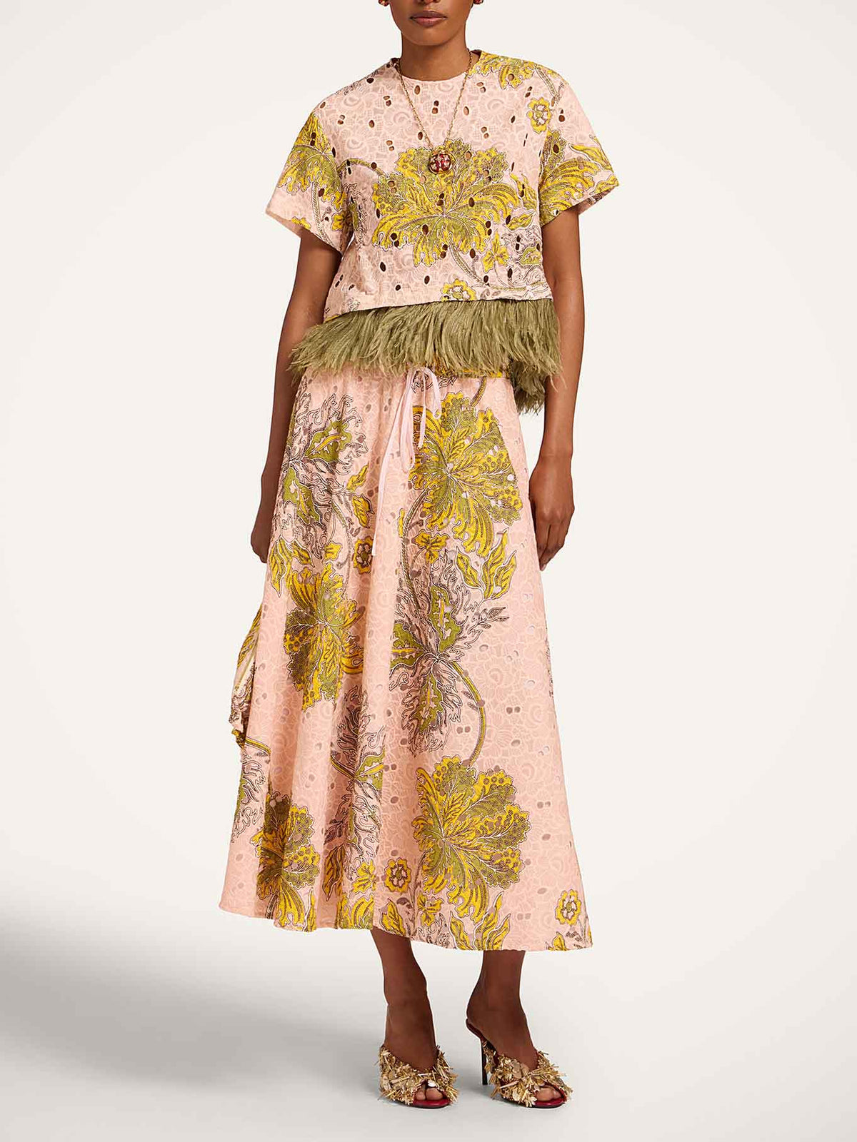 Elegant Two-piece Paisley Print Feather Trim