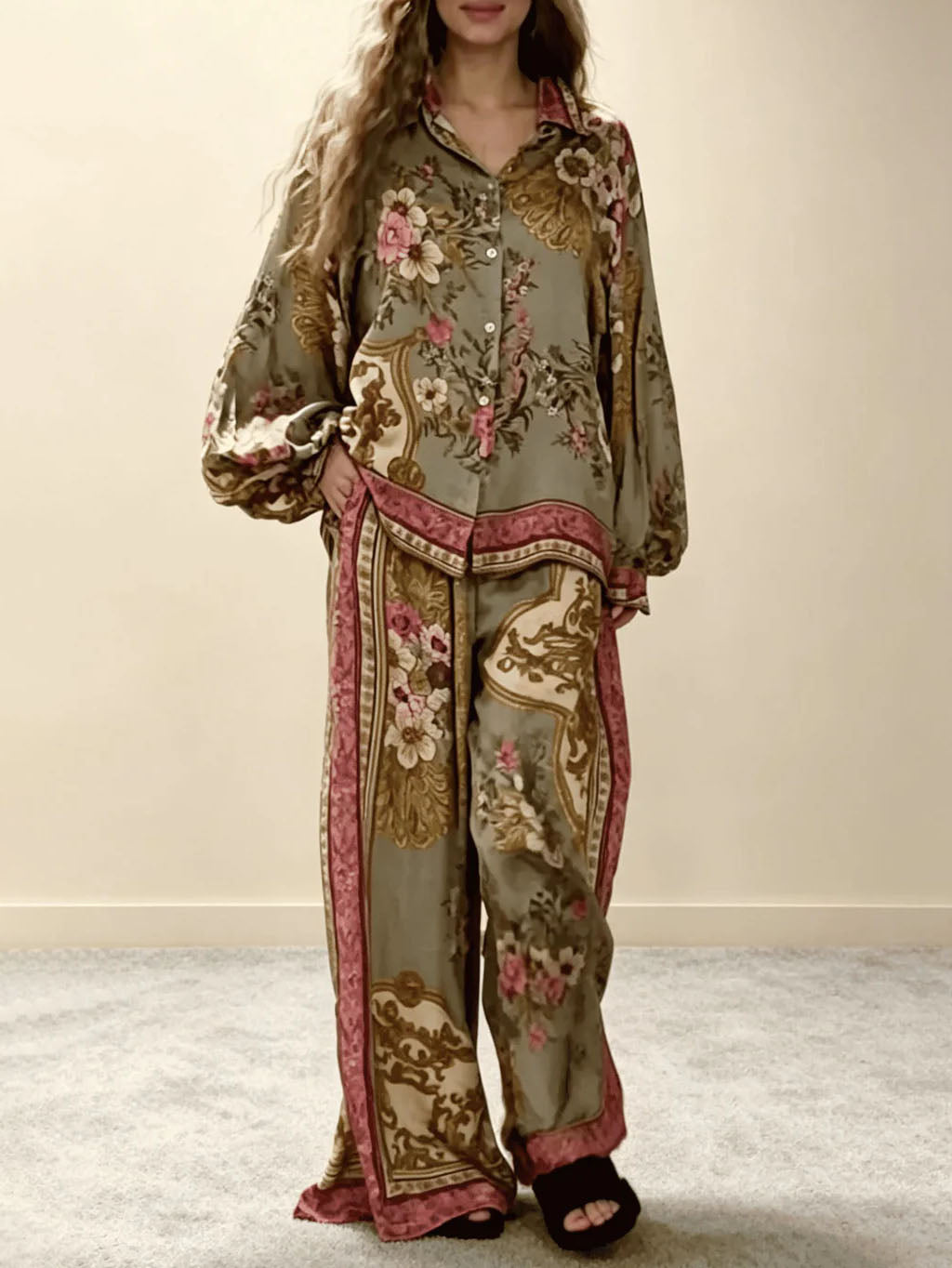 Retro Floral Baroque Print Satin Wide-Leg Pants