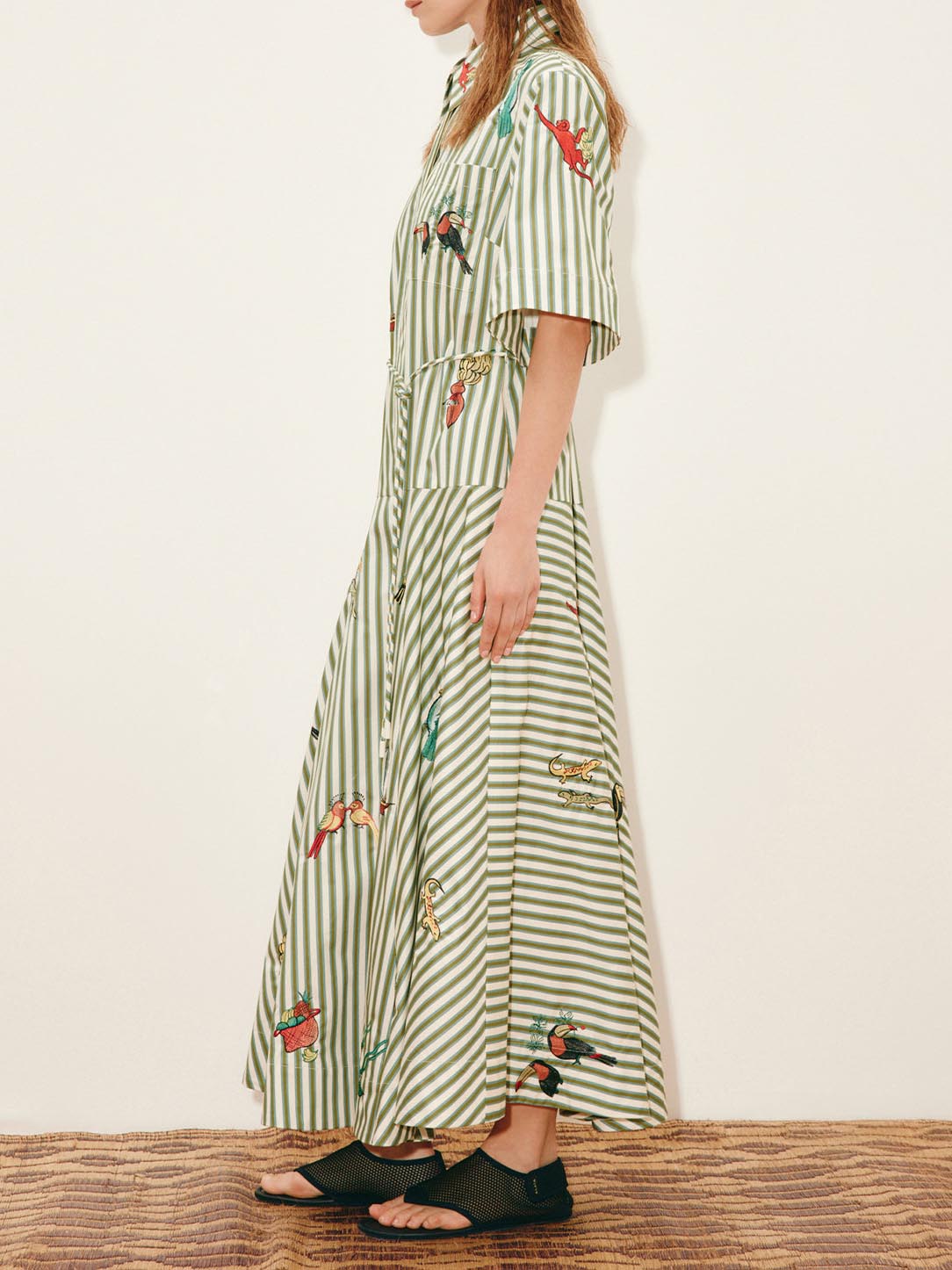 Casual Striped Tropical Print Shirt Maxi Dress