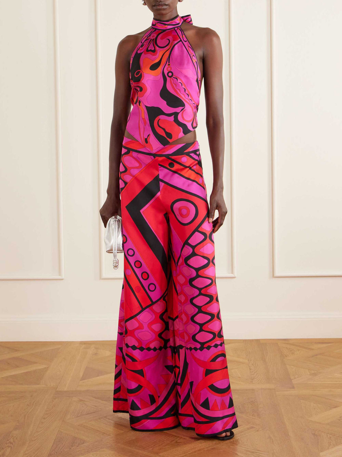 Retro Psychedelic Abstract Print Satin Wide-Leg Pants Set