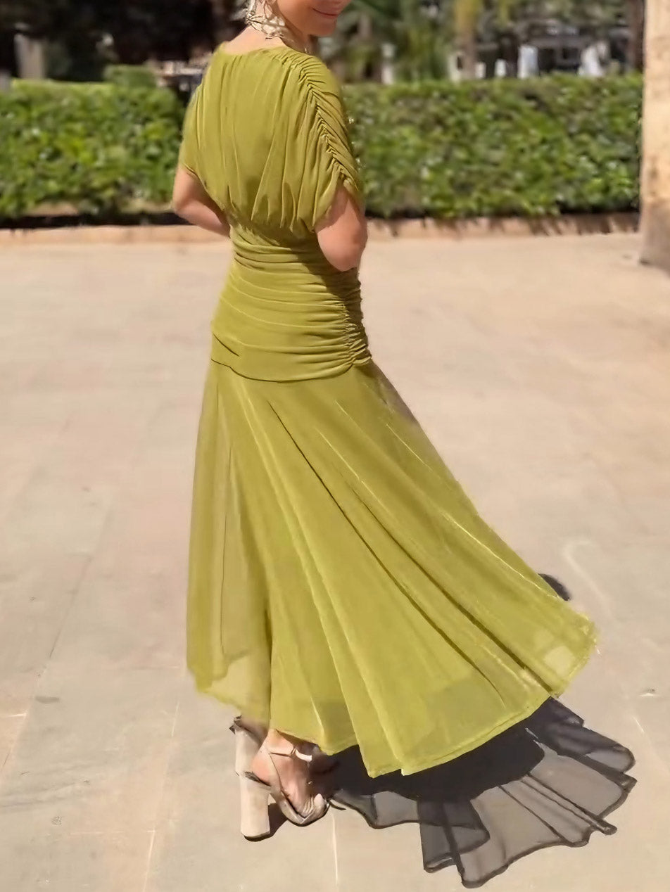 Elegant V-Neck Pleated Flowing Maxi Dress