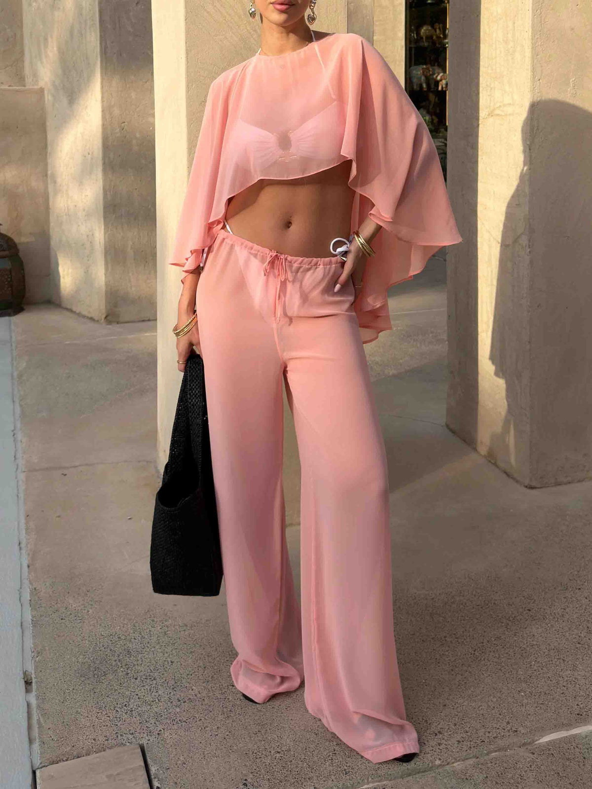 Elegant Sheer Cape Sleeve Crop Top & Wide-Leg Pants Beach Two-Piece Set