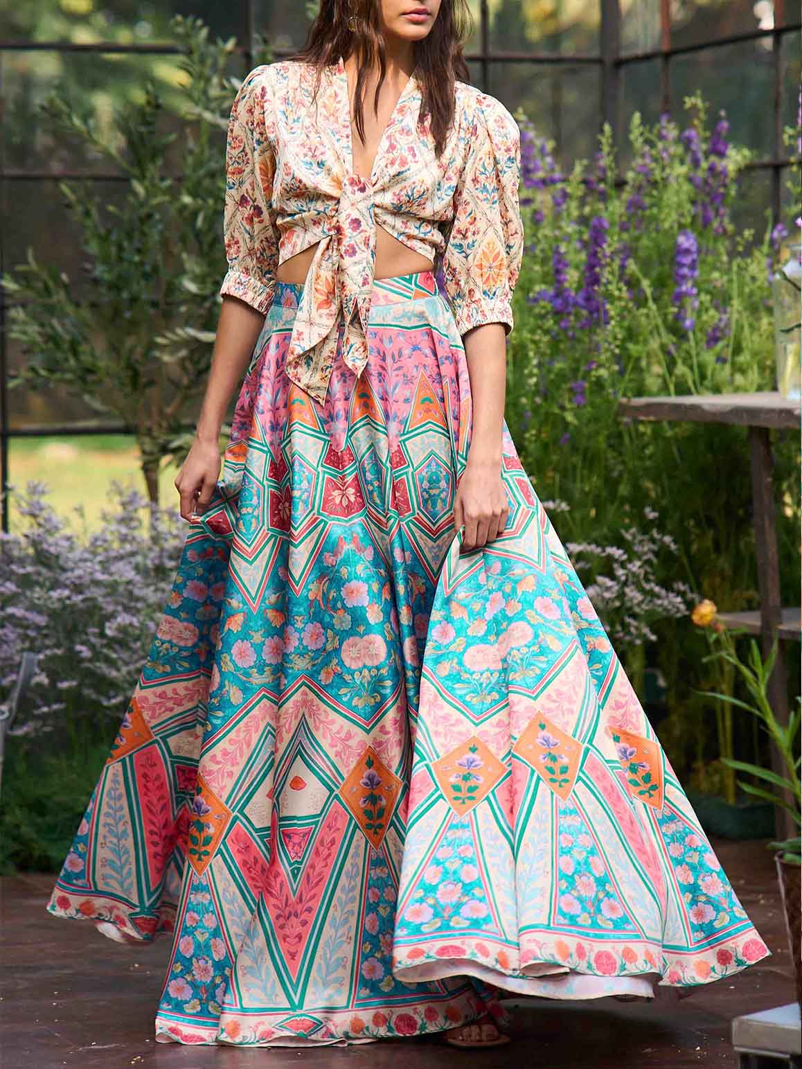 Bohemian Geometric Print Tie-Front Top & Skirt Two-Piece Set