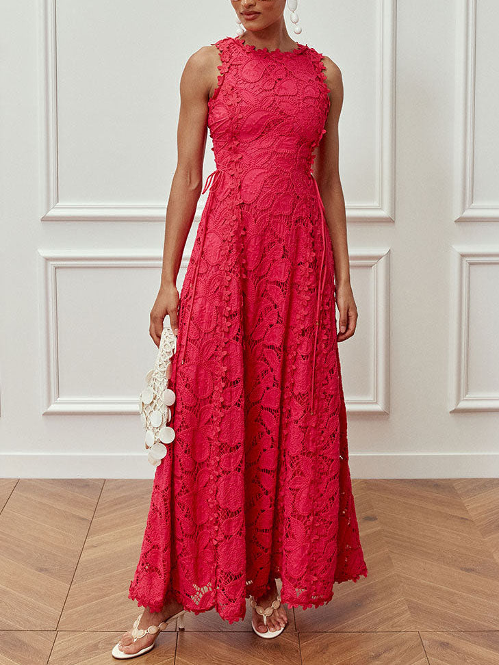Elegant Lace Drawstring Waist Maxi Dress
