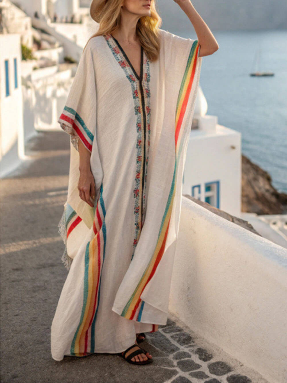 Bohemian Striped Print Off-Shoulder Half Sleeve Kimono Maxi Dress