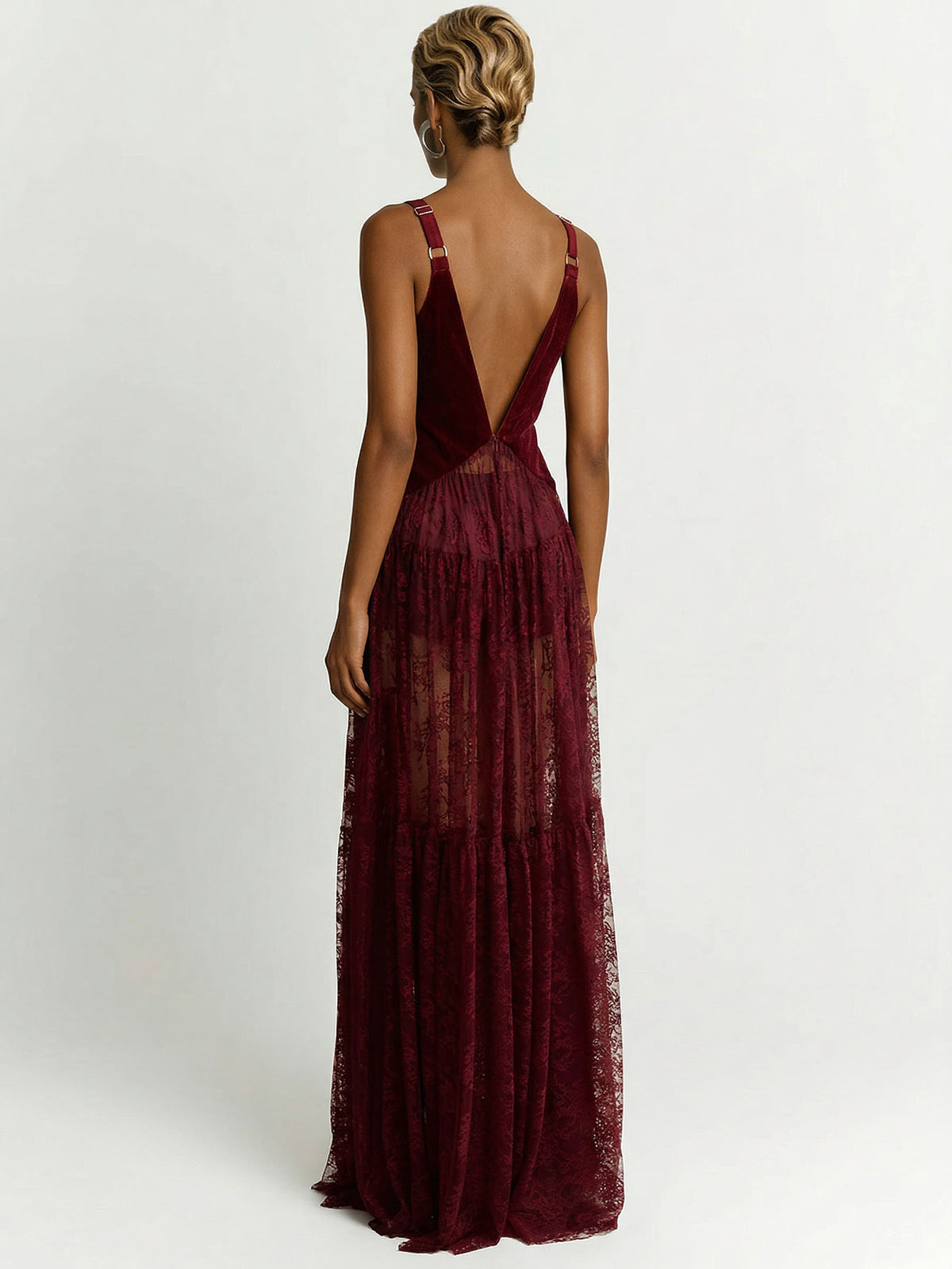 Elegant Lace Deep V-neck Tulle Maxi Dress