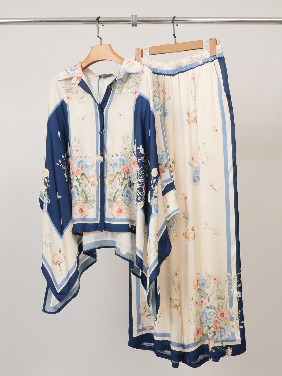 Exquisite Satin Print High-Waist Wide-Leg Pants