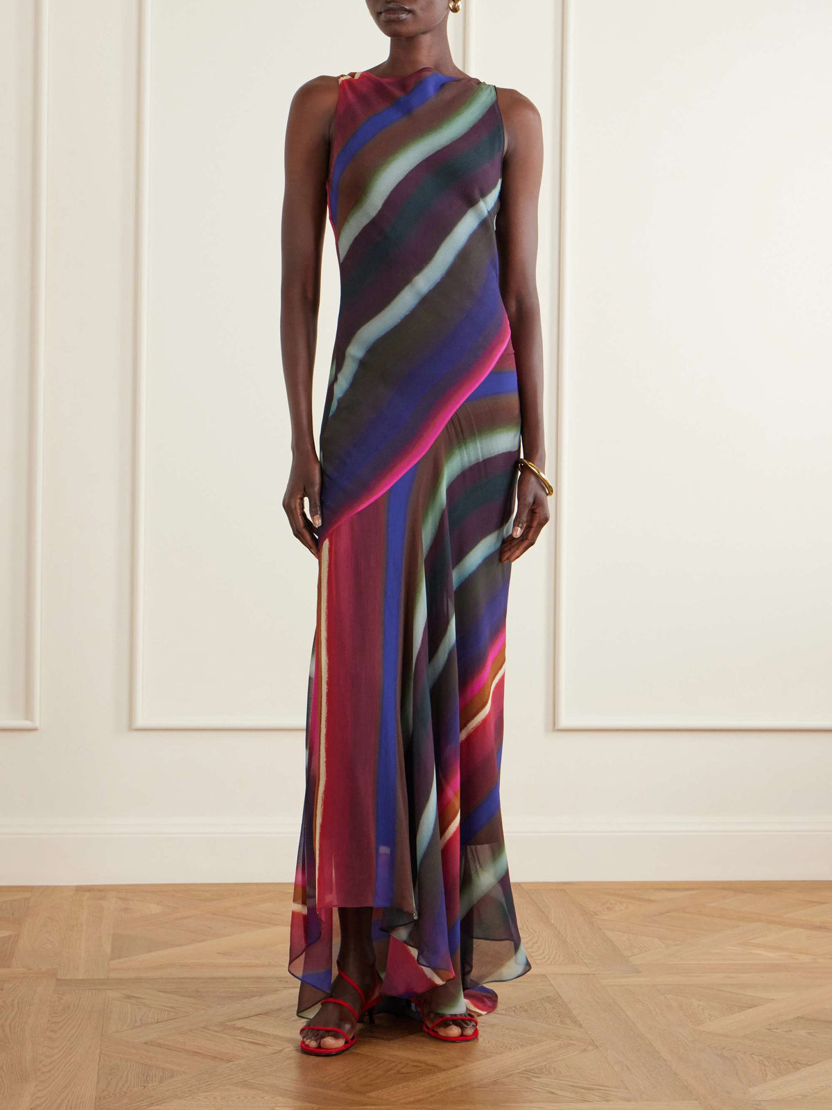 Elegant Diagonal Stripe Print Asymmetrical Flowy Maxi Dress