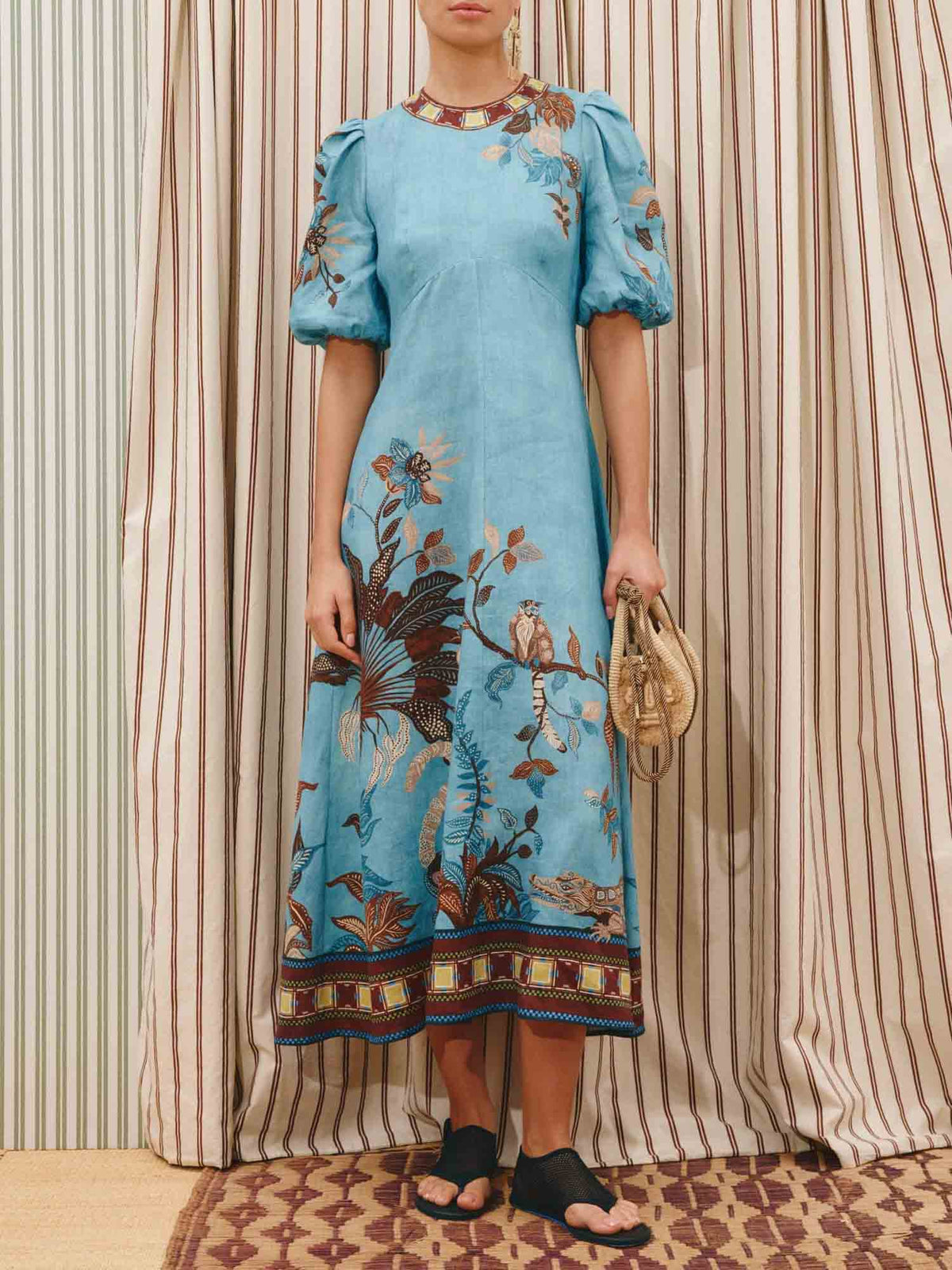 Elegant Vintage Floral Print Puff Sleeve Midi Dress