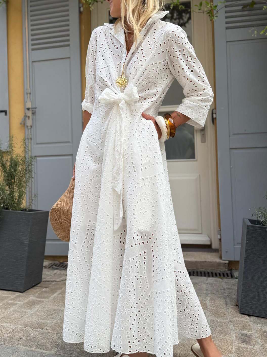 Casual Cutout Lace Shirt Button Maxi Dress