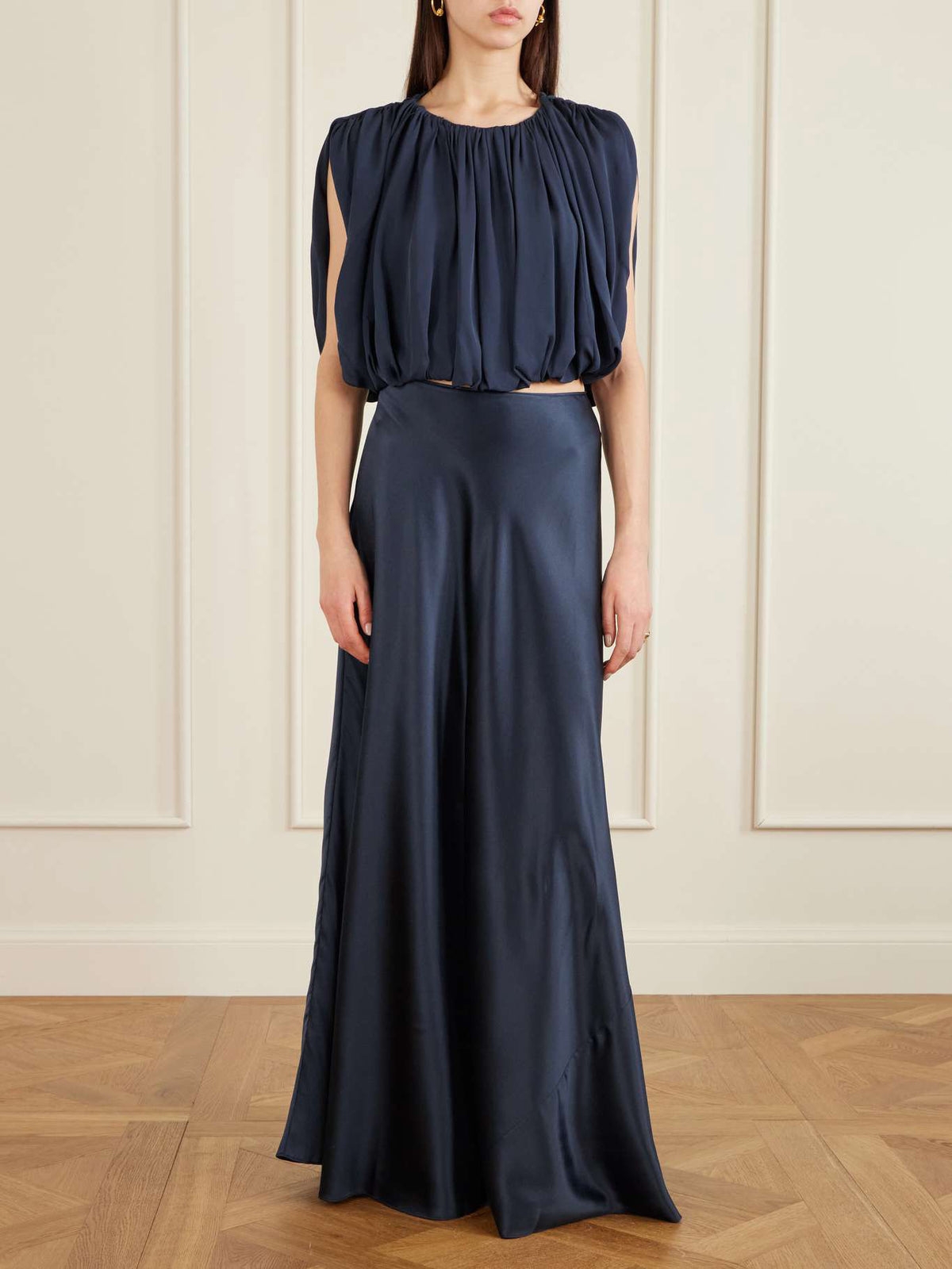 Elegant Ruched Crop Top & Satin Midi Skirt Set