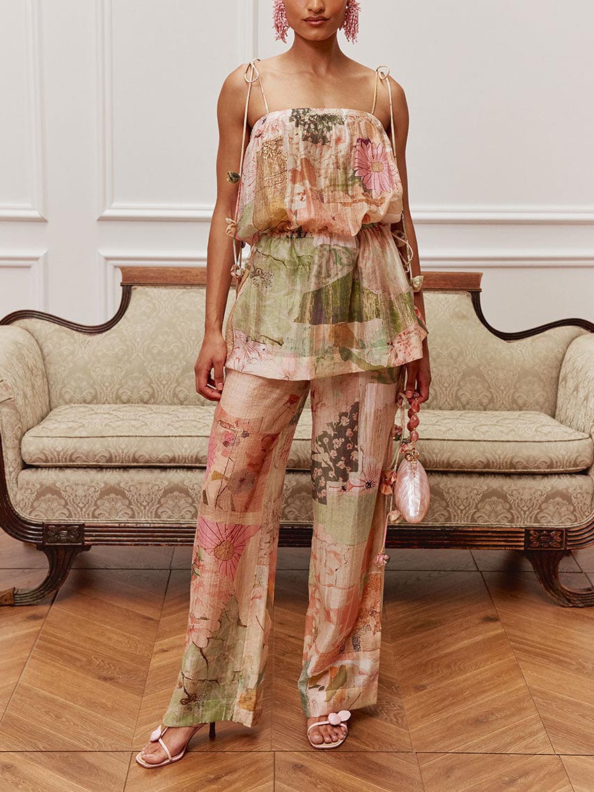 Romantic Floral Print Sheer Cami Top & Wide-Leg Pants Two-Piece Set