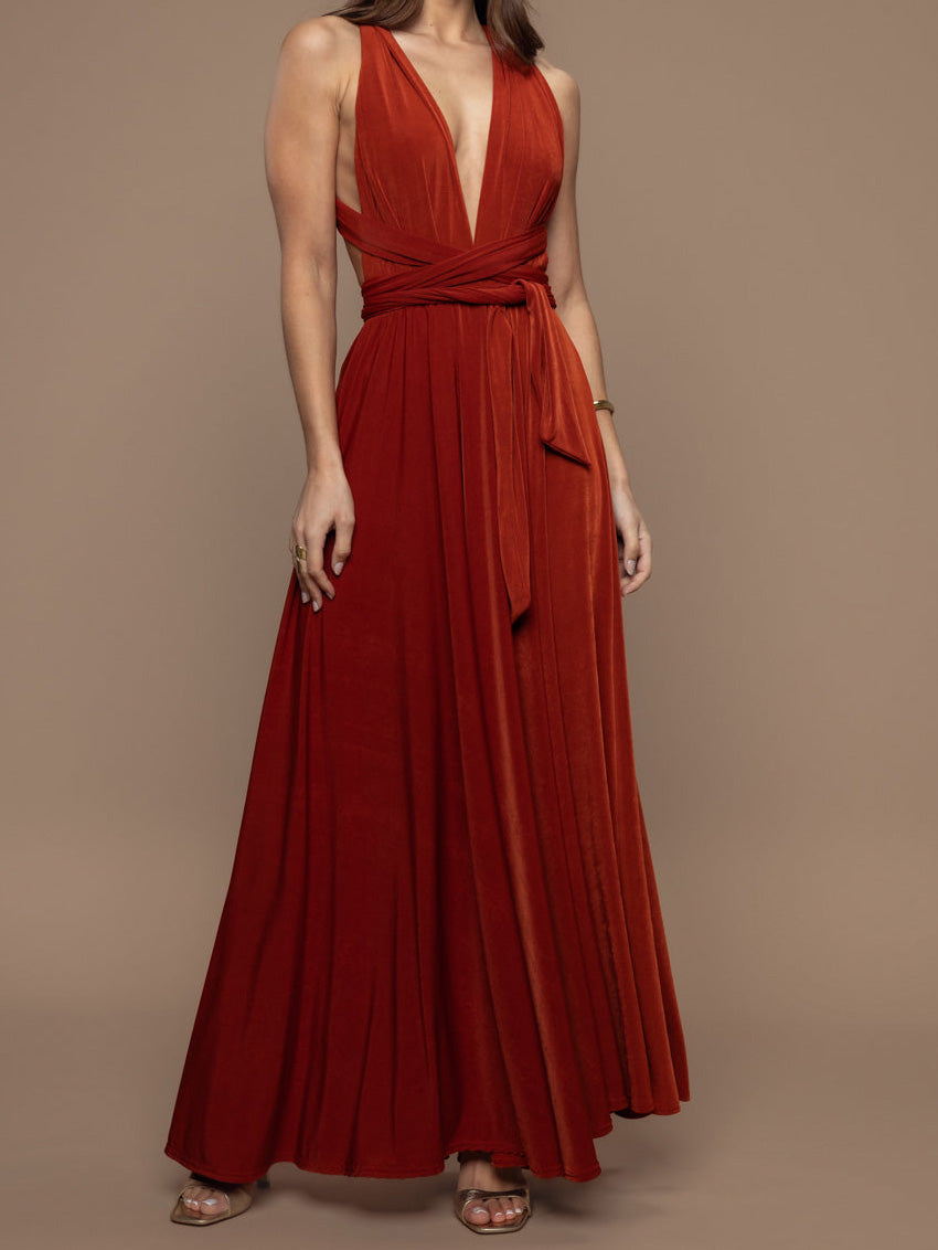 Elegant Multi-Way Neck Draped Tie-Waist Maxi Dress