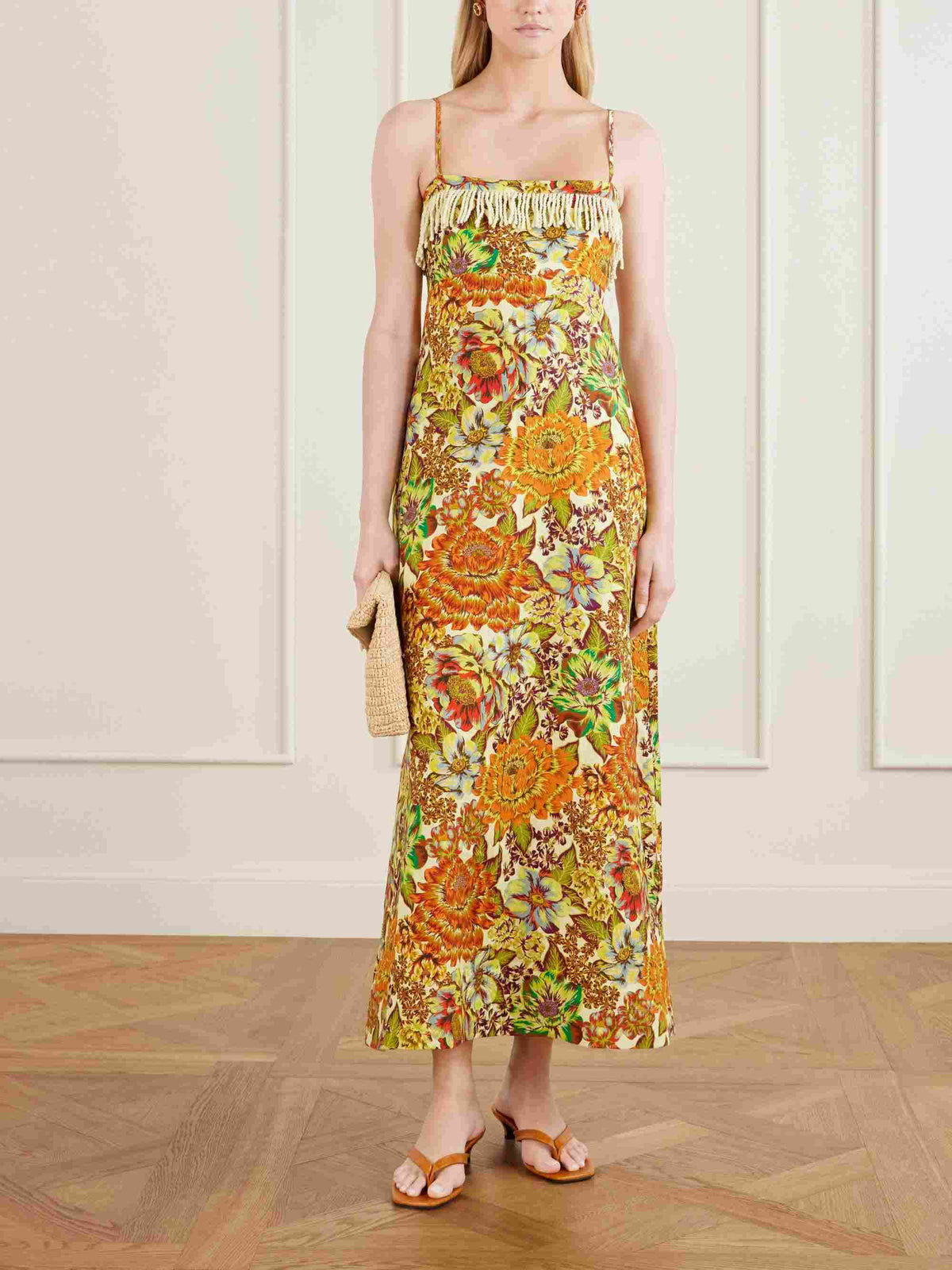 Exquisite Floral Print Spaghetti Strap Fringe Fitted Maxi Dress