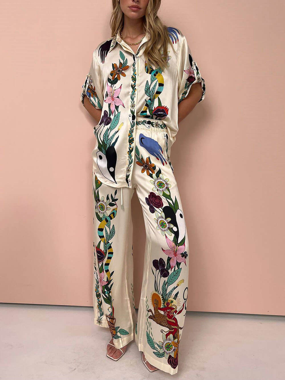 Modern Sophisticated Feel Satin Unique Print Oversized Blouse Elastic Waist Pocketed Wide Leg Pants Set-Likemychoice
