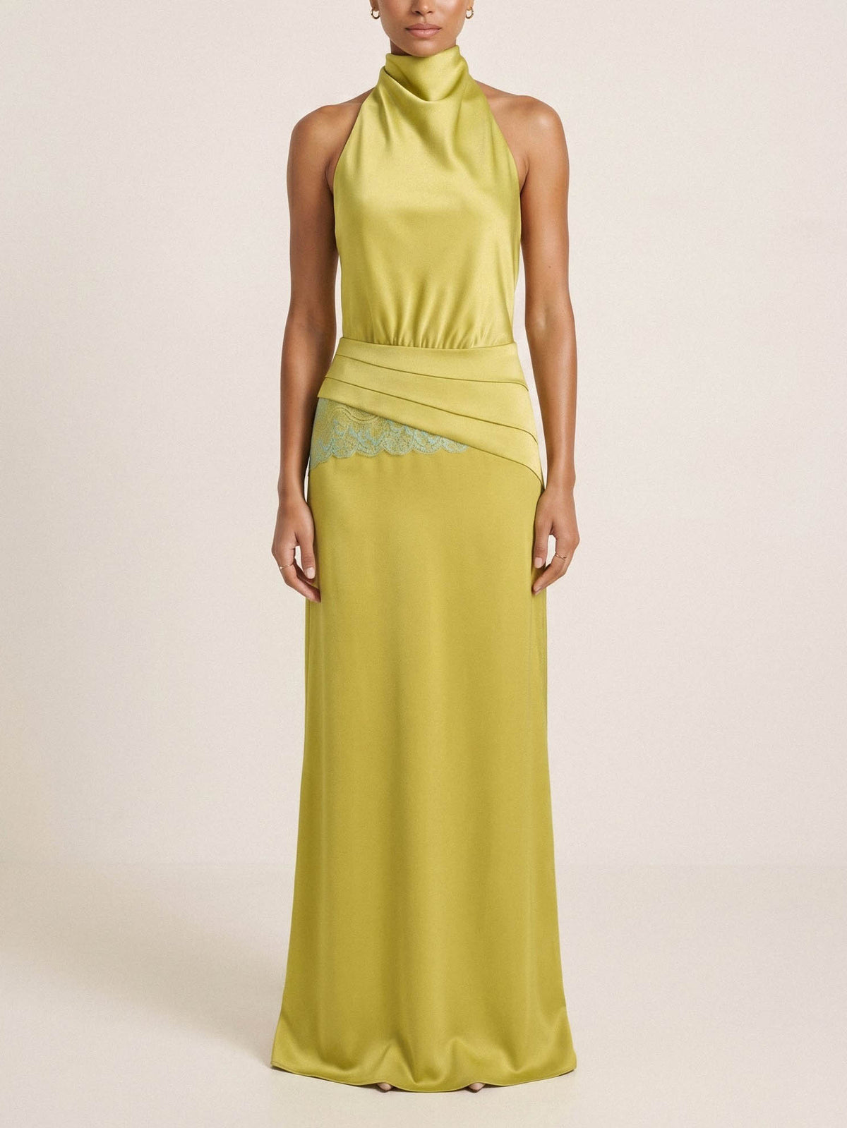 Elegant Satin High Neck Lace-Trim Maxi Dress