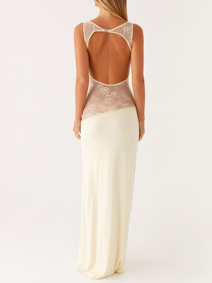 Elegant Sleeveless Boat Neck Black Lace Maxi Dress