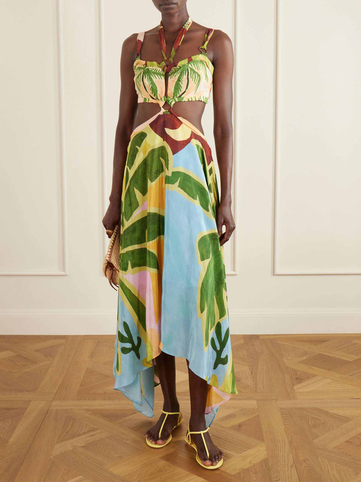 Tropical Leaf Print Cutout Halter Asymmetrical Maxi Dress