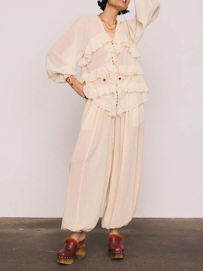 Romantic Ruffle Chiffon Blouse & Wide-Leg Pants Two-Piece Set
