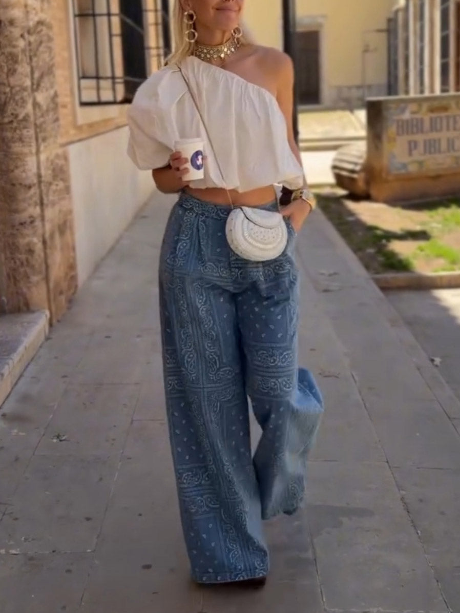 Casual Off-Shoulder Top &Denim Pants Two-Piece Set
