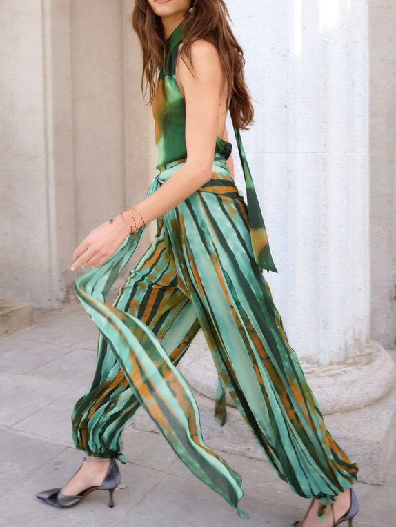 Abstract Watercolor Print Halter & Pants Two-Piece Set