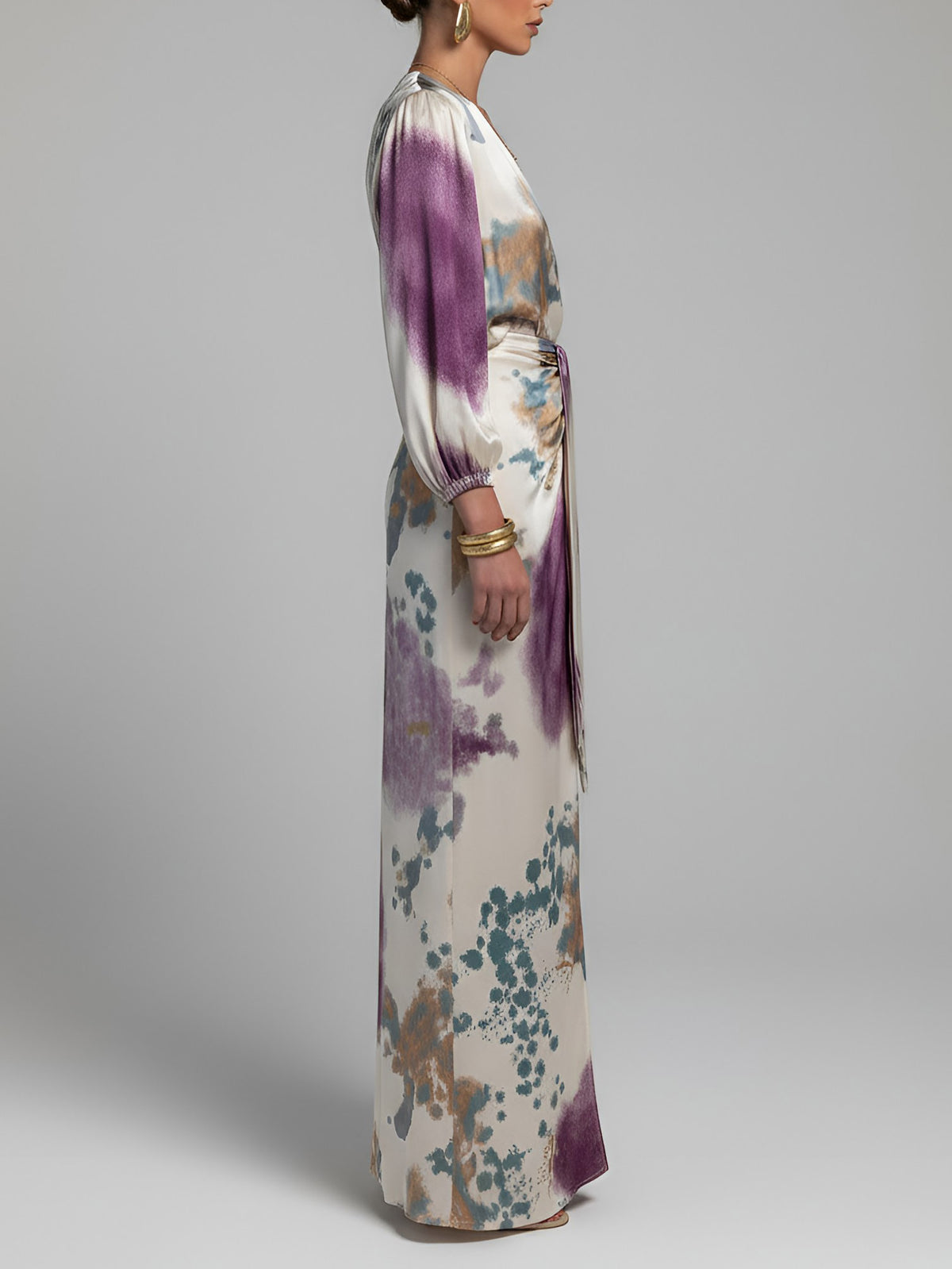Elegant Watercolor Print Satin Top & Skirt Two-Piece Set
