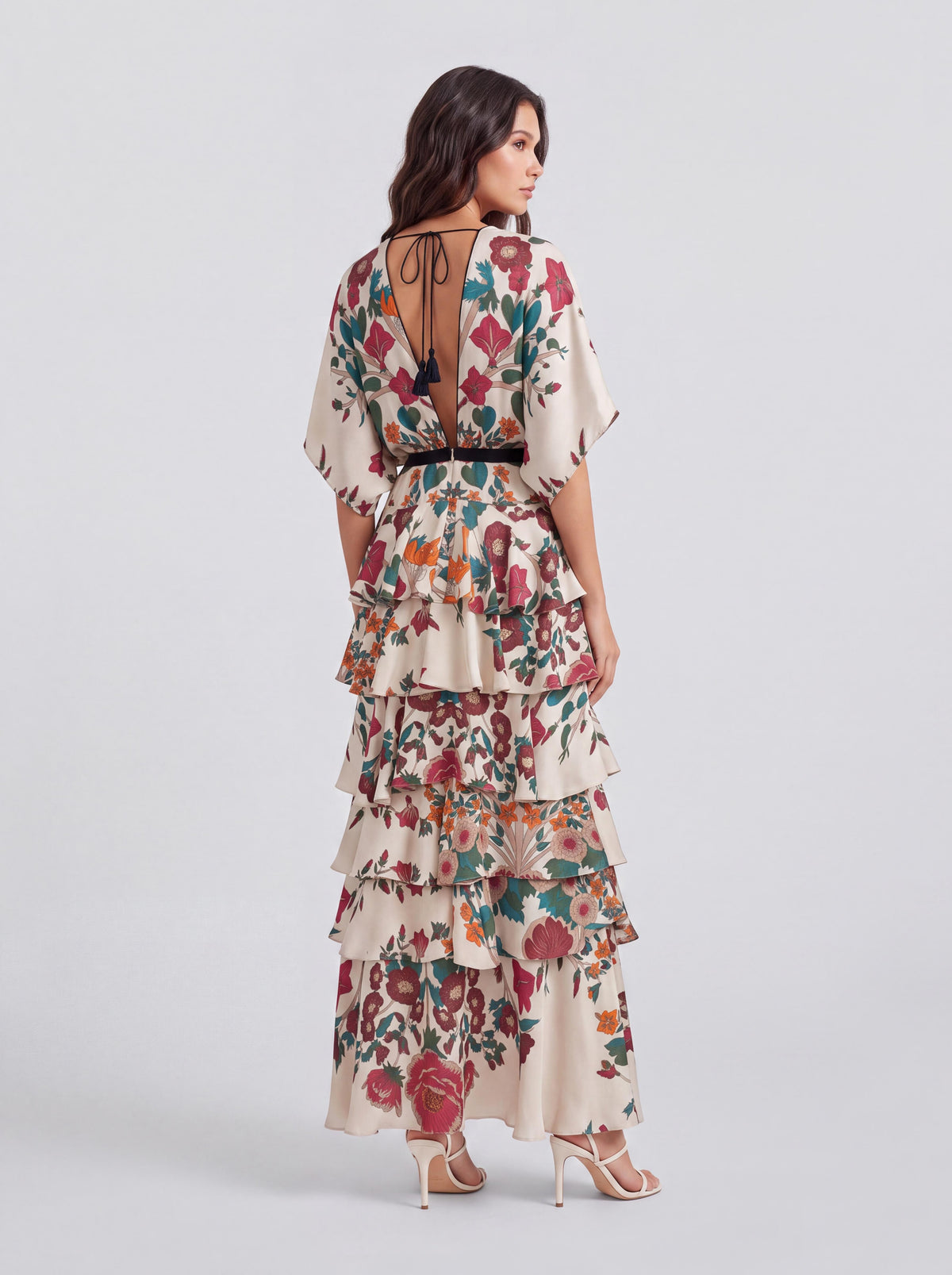 Vintage Floral Deep V-Bat Sleeve Tight Waist Multi-Layer Ruffled Holiday Dress