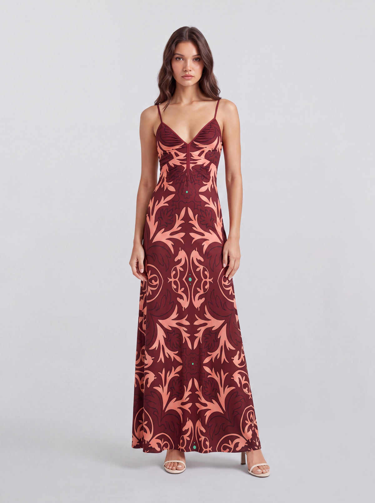 Retro European-style Pattern Slim-fit Long Dress With V-neck