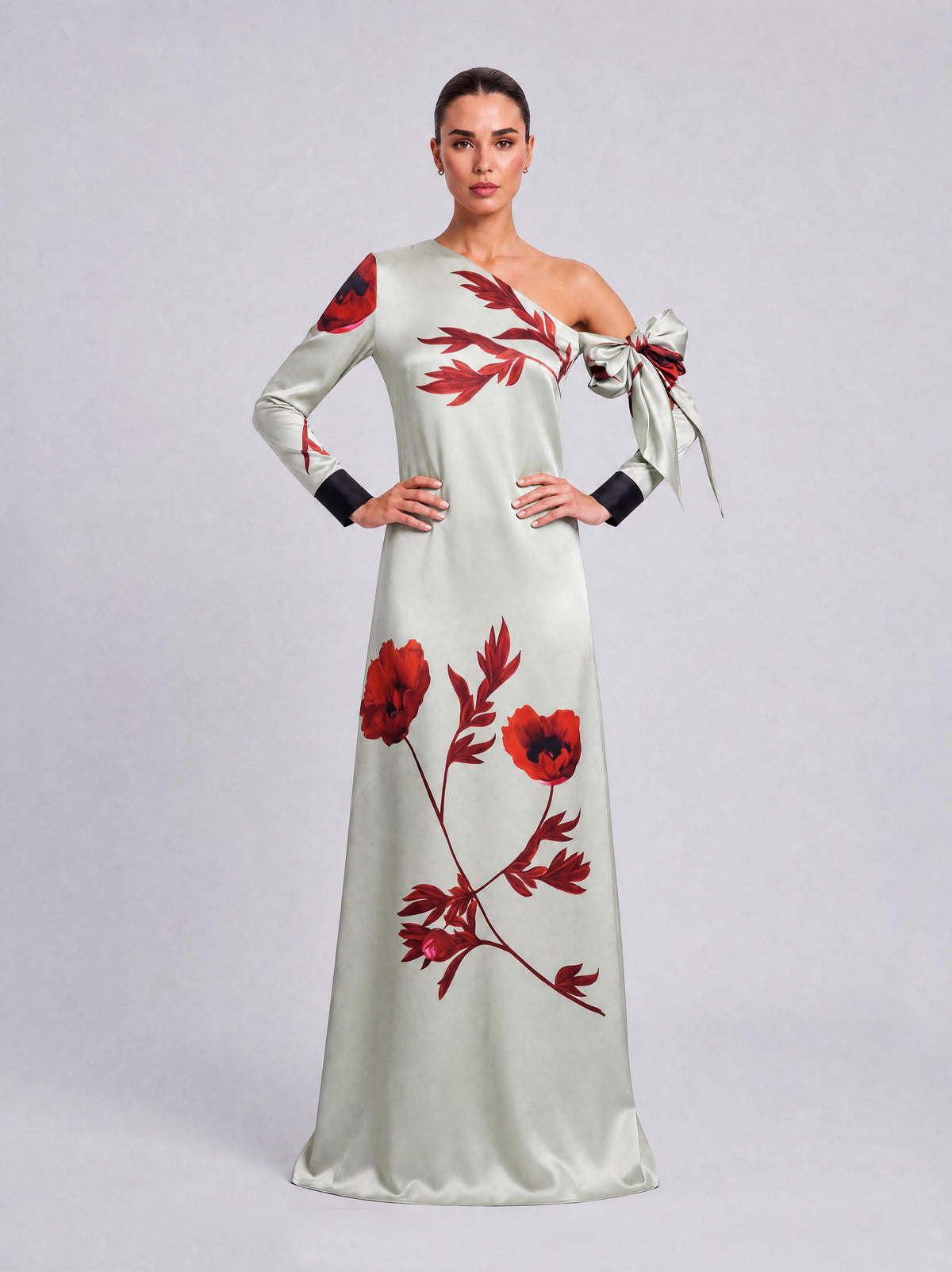 Scarlet-Shoulder Bow Satin Print Long Evening Gown