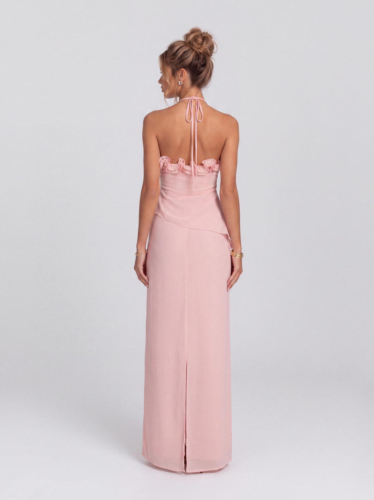 Pink Three-Dimensional Rose Neck Slim-Fit Long Banquet Dress