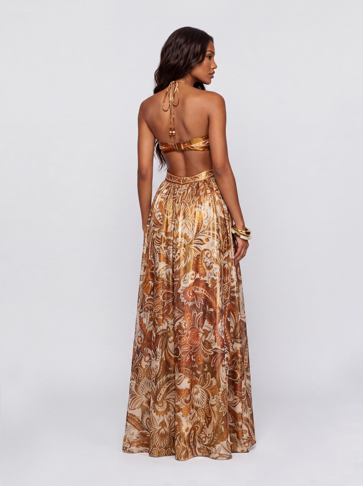 Vintage Cashew Flower Strapless Hollow Neck Stamping Dipping Long Dress