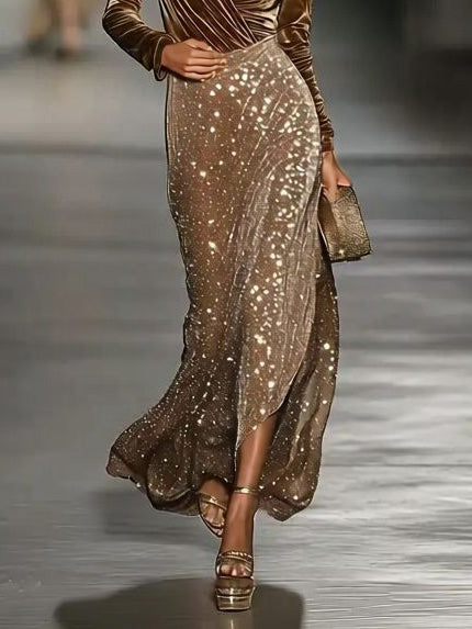 Elegant Long-Sleeved Velvet Jumpsuit And Skirt Two-Piece Set
